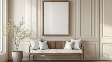 Minimalist Hall with Bench, Pillows, and Framed Art on Beige Wall