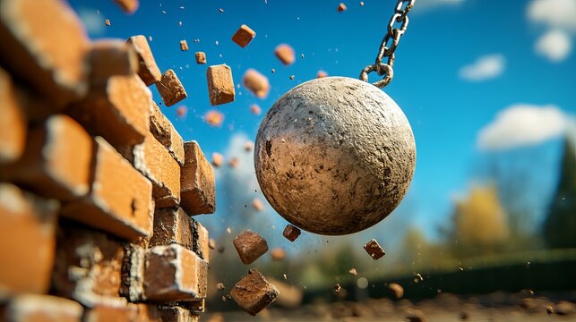 A wrecking ball, suspended in mid-air, strikes a brick wall, causing debris to scatter against a clear blue sky, creating a dynamic scene of demolition.