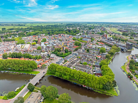 Aerial from the historical city Woerden in the Netherlands