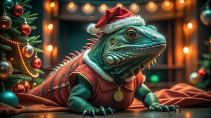 Fototapeta premium Festive Christmas Lizard Wearing Santa Hat and Sunglasses