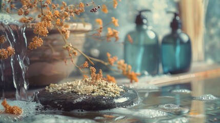 Obraz premium Tranquil spa scene with dried flowers and flowing water