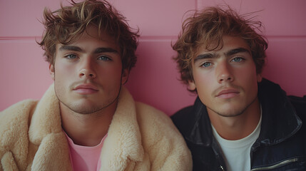 Two twin brothers, Europeans, light curly hair, blue eyes, modern youth