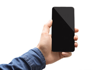 Male hand holding a smartphone with blank screen