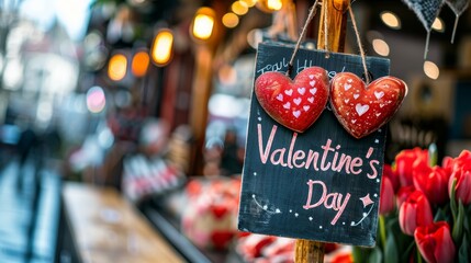 Valentine s day sale banner featuring red and pink hearts in a retail store environment