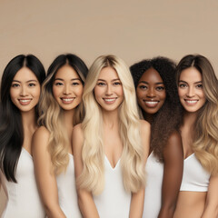 Fototapeta premium Five women with diverse hairstyles and smiles pose together against a neutral beige background. They exude confidence and unity, wearing elegant white tops that emphasize their natural beauty.