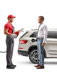 Driver with a suv and a petrol station worker having a conversation