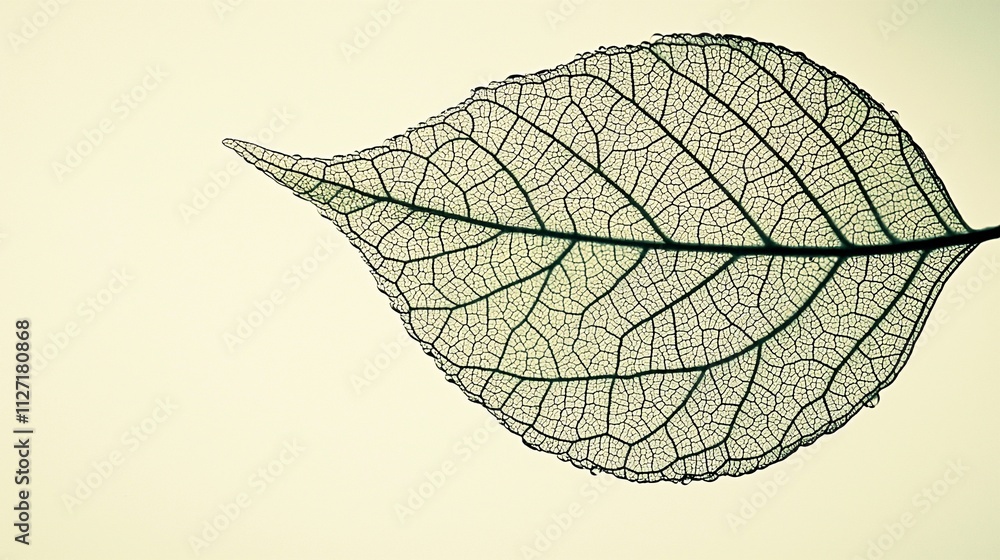 Poster close-up of a single, translucent leaf showcasing intricate vein structure against a light backgroun