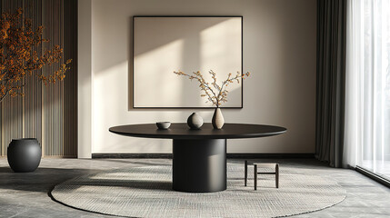 Spacious Modern Living Room with Round Black Dining Table and Japandi Style