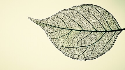 Obraz premium Close-up of a single, translucent leaf showcasing intricate vein structure against a light background.