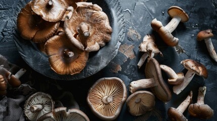 Rustic mushrooms in a bowl on a textured dark surface