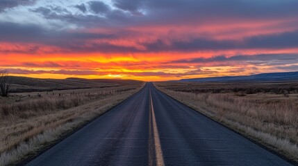 A straight road stretches into a vibrant sunset over open fields.