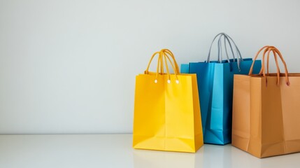 Shopping bags neatly arranged on a sleek counter, symbolizing the balance between consumerism and organization in modern retail environments.
