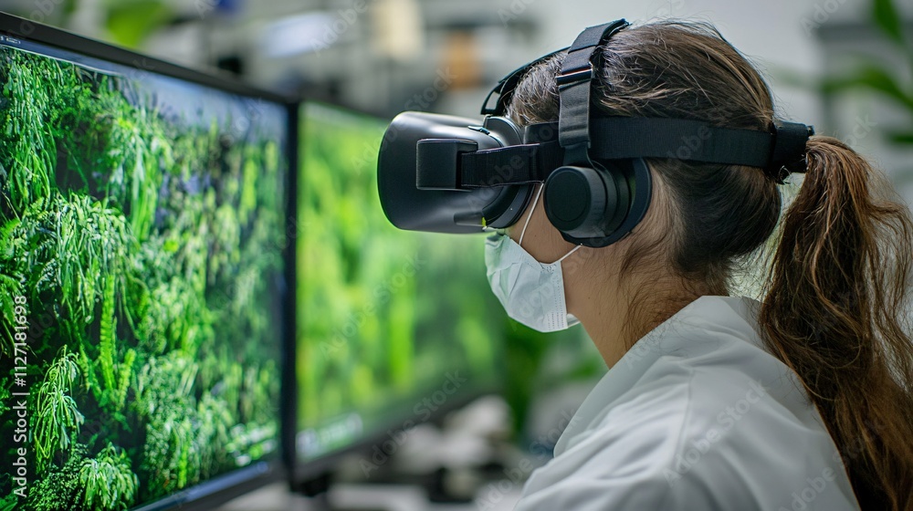Poster a person wearing a virtual reality headset sits in front of dual monitors displaying lush greenery, 