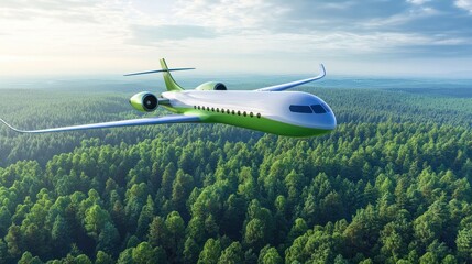 Eco-friendly air transport concept with a plane flying in the sky against a background of green trees