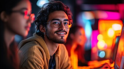 Obraz premium A young man smiles while working on a computer in a colorful, illuminated environment, surrounded by people, showcasing a vibrant atmosphere.