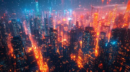 Obraz premium A vibrant cityscape at night, illuminated by glowing lights, showcasing a blend of urban architecture and futuristic elements.