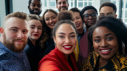 Obraz premium Stylish Diverse Business Group Poses for Selfie with Cameras in Office, Embracing Vogue Aesthetic