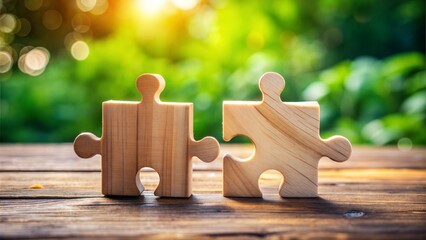 two puzzle pieces coming together on wooden table blurred background nature, balance completion integration wholeness
