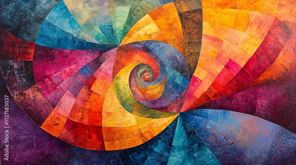 Poster a vibrant abstract spiral artwork featuring a blend of colors arranged in a geometric pattern, creat