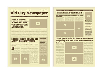 Vintage newspaper with text and image placeholder. Brochure newspaper pages with headline. Paper retro journal vector template. News articles newsprint magazine old design