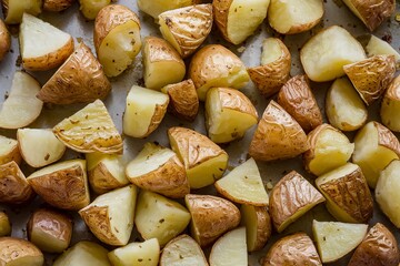 A photo of golden-brown, seasoned, and roasted diced potatoes