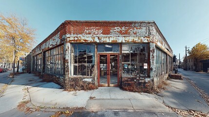 A weathered, abandoned building with large windows and overgrown surroundings, showcasing elements of decay and urban exploration.