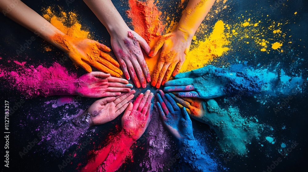 Poster a vibrant display of hands covered in colorful powders, creating a joyful and artistic collage, emph