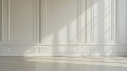 Fototapeta premium Empty white panelling wall background, classical design, with light colored floors. Mock up