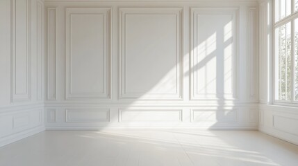 Fototapeta premium Empty white panelling wall background, classical design, with light colored floors. Mock up