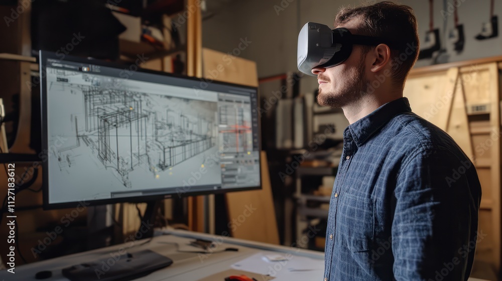 Poster engineer collaborates on digital twin construction project using bim and advanced modeling software