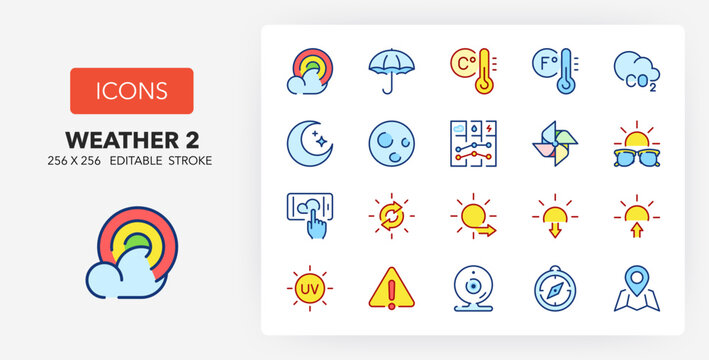 Line icons about weather. Contains such icons as uv index, windmill, atmospheric pollution and more. 256x256 Pixel Perfect editable in two colors. Set 2 of 2