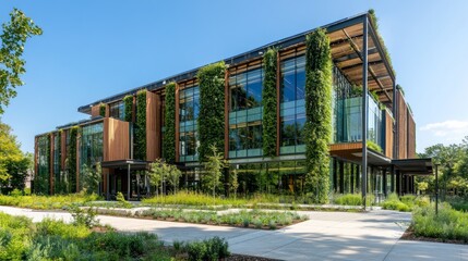 Modern green building with extensive vertical gardens and landscaping.