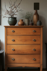 Photo studio d'une commode en bois naturel avec finition soignée et design élégant, sur fond blanc
