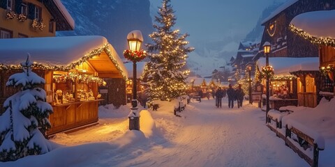 a romantically illuminated Christmas market in the evening with many stalls in deep snow