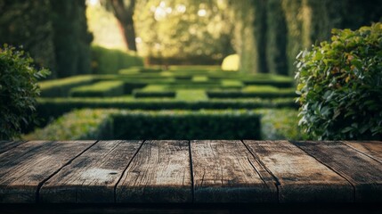 Weathered Wooden Table with Intricate Grain in Garden Setting