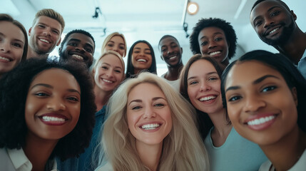 Diverse Business Professionals Cheering for the Camera in Office Setting - A Snapshot of Inclusive Team Spirit.