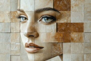 Foto auf Leinwand Portrait of a woman depicted through textured tiles with captivating eyes and subtle facial features. Mocha Mousse color trend concept