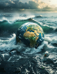 Polluted planet earth floating in an ocean with plastic waste, plastic trash, climate education to...