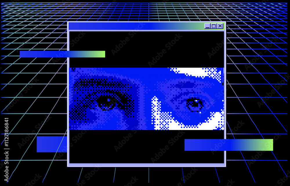 Aufkleber Open application window with pixel eyes against a perspective laser grid. Conceptual vector image of surveillance on the web.
