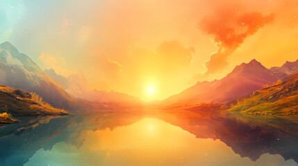 Fototapeta premium Panorama landscape of vernal equinox by the lake, photography colorful sun light high detail landscape background. Equinox. Illustration