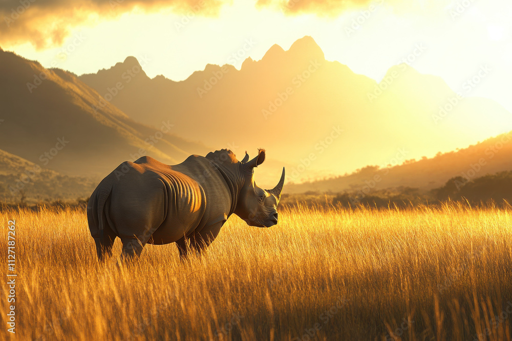 Wall mural A rhinoceros stands in golden grass at sunset, with mountains in the background.