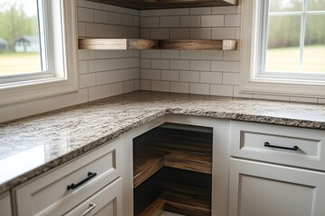 Fototapeta premium Modern kitchen corner with granite countertop, white cabinets, and wooden shelves.