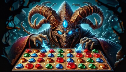 Fototapeta premium A demonic figure with glowing blue eyes manipulates a board game with colorful gems, casting magical energy