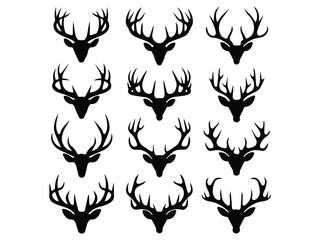  black silhouette vector illustrations of deer head antlers in various shapes and styles