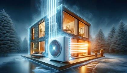 Modern house with heat pump system in winter, showcasing energy efficiency and eco-friendly heating technology in a snowy forest