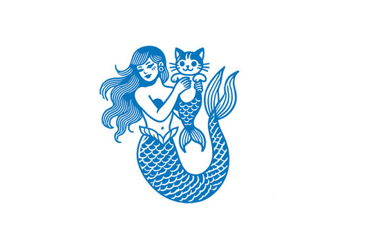 Whimsical mermaid holding a cute mer-cat in vintage tattoo-style design