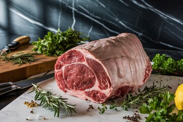 A photo of a raw silverside sirloin beef cut on a dark marble table
