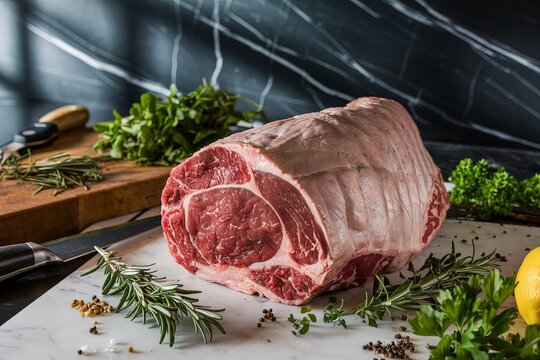 A photo of a raw silverside sirloin beef cut on a dark marble table