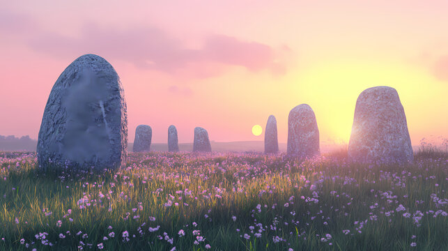 Serene spring equinox dawn at a stone circle with pastel skies and dewy grass. Equinox. Illustration