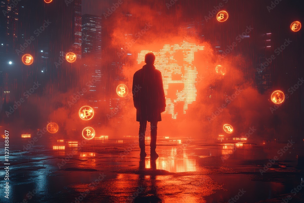 Poster digital finance visual with a man standing amid floating bitcoin tokens and sleek, glowing accents.